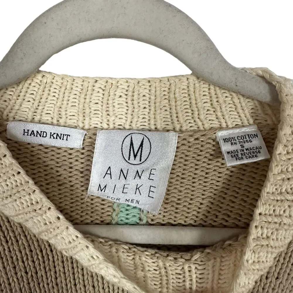 Anne Mieke For Men Sz S Cream Blue Vintage Hand Knit Sweater 100% Cottton